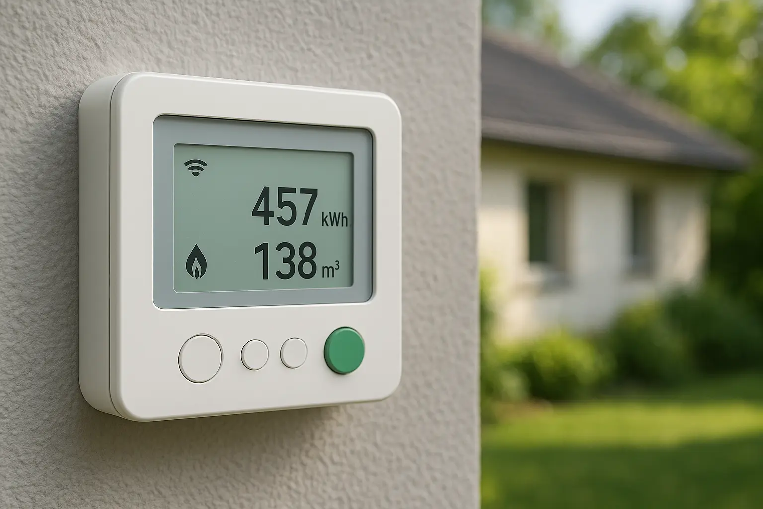 Smart meter on home wall showing real-time energy usage