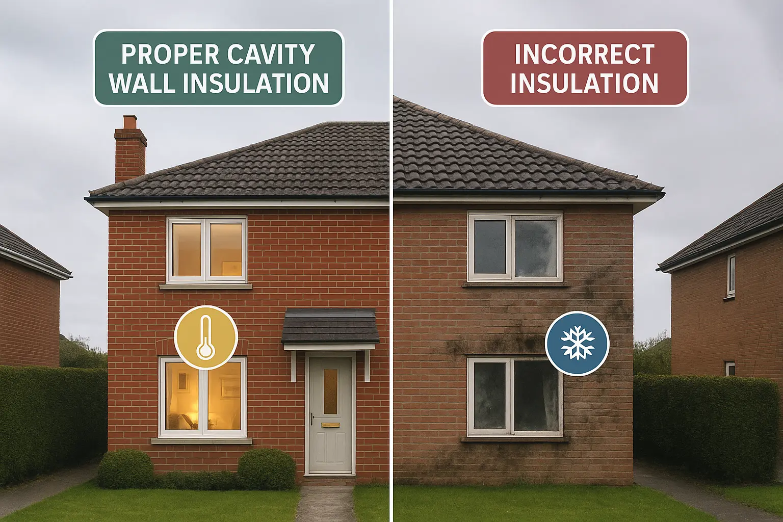 UK houses showing good vs bad cavity wall insulation
