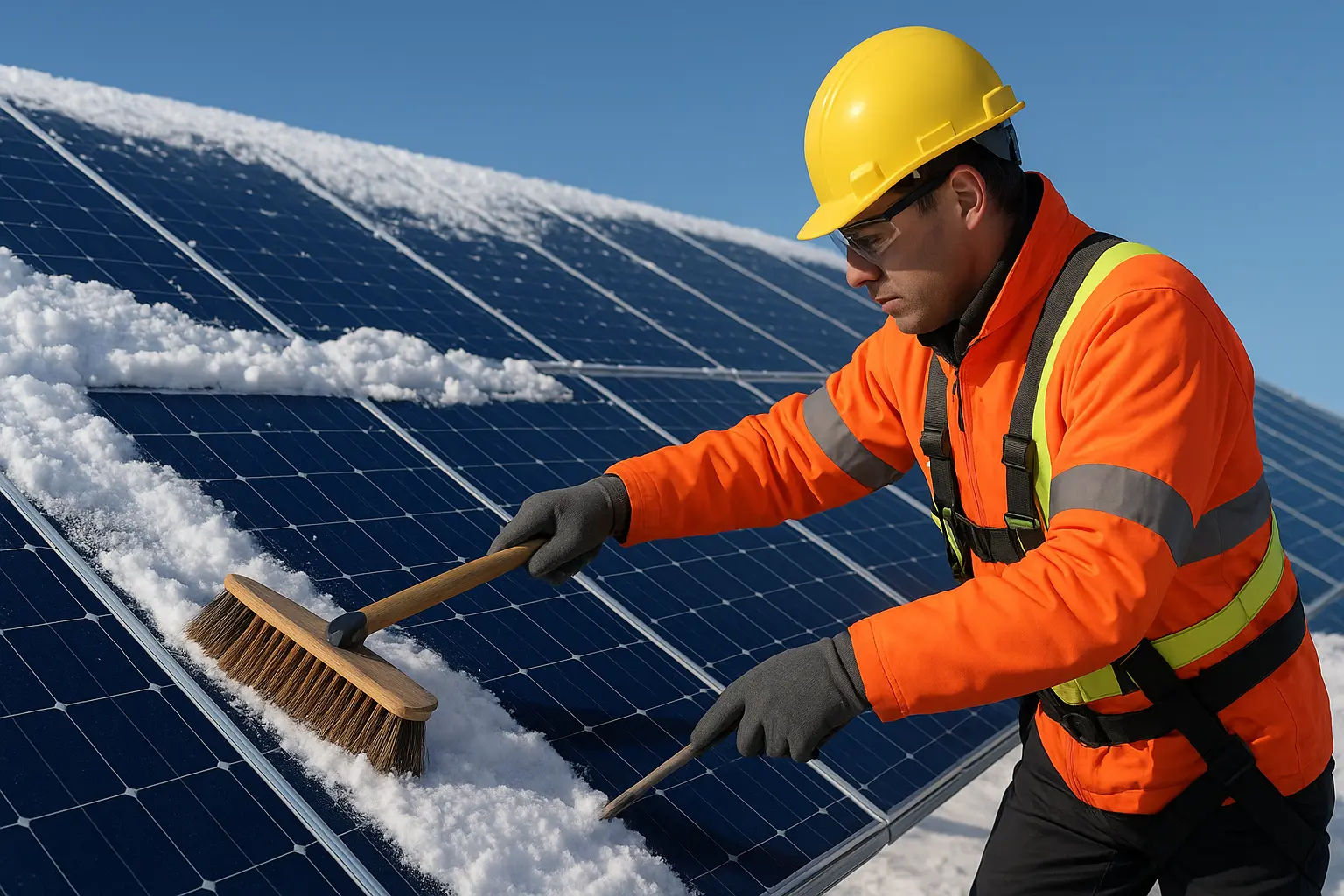 Professionally cleaning snow-covered solar panels