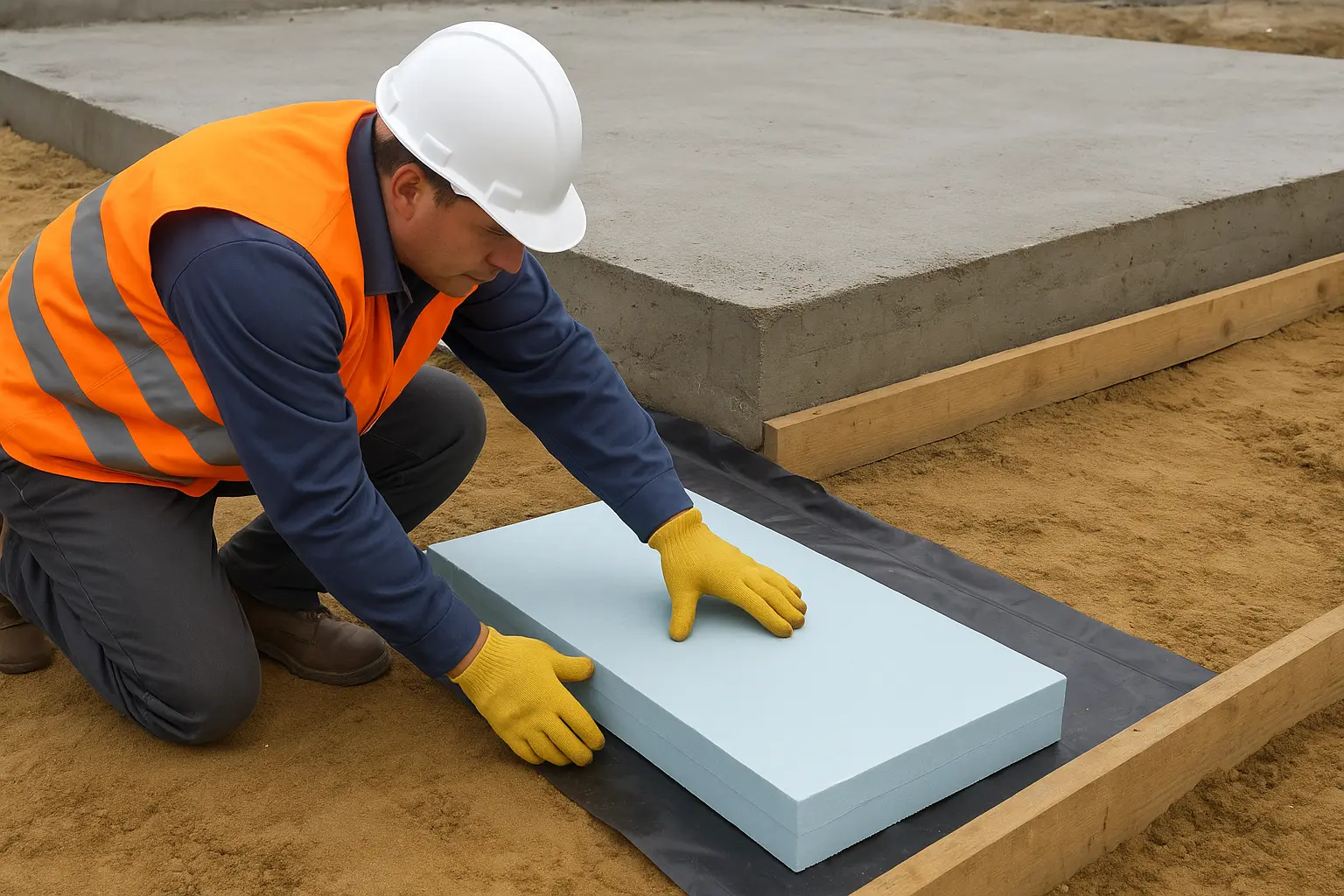 Professional worker installing insulation below slab