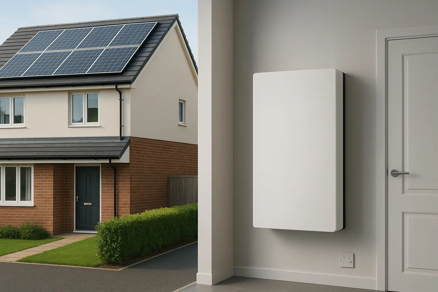 UK home with solar panels and wall-mounted battery unit